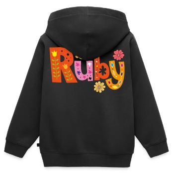Nom de rubis personnalisé - Sweat Premium à capuche zippé enfant bio - noir - Dos - AI Model Kid Male (0cm)