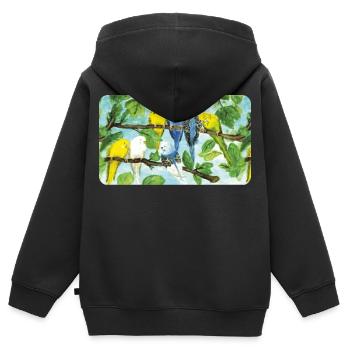 Perruches sur un arbre - craie pastel - Sweat Premium à capuche zippé enfant bio - noir - Dos - AI Model Kid Male (0cm)