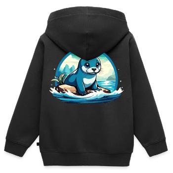 Robbe auf Felsen - Kinder Premium Organic Zip Hoodie - Schwarz - Hinten - AI Model Kid Male (0cm)