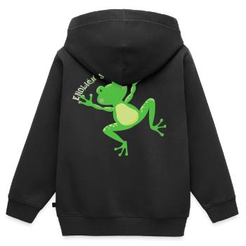 Enfin l’inscription d’un écolier à une grenouille heureuse - Sweat Premium à capuche zippé enfant bio - noir - Dos - AI Model Kid Male (0cm)