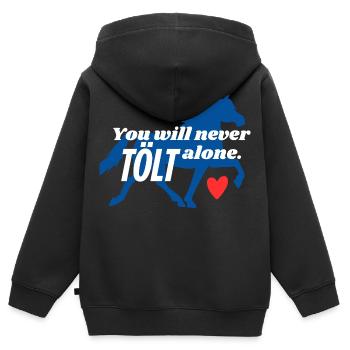 You will never TÖLT alone. Islandpferd 🇮🇸 - Kinder Premium Organic Zip Hoodie - Schwarz - Hinten - AI Model Kid Male (0cm)