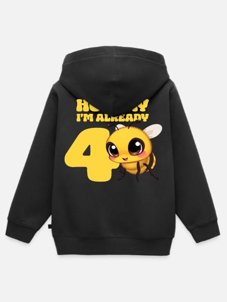 Biene - Hooray I am already 4  - Premium børne zip-hættetrøje økologisk - sort