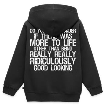 Vous êtes-vous déjà demandé s’il y avait plus dans la vie - Sweat Premium à capuche zippé enfant bio - noir - Dos - AI Model Kid Male (0cm)