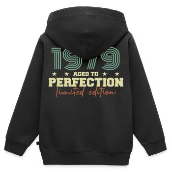 1979 - Kinder Premium Organic Zip Hoodie - Schwarz - Hinten - AI Model Kid Male (0cm)