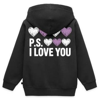 PS : La fête de Je t’aime, la Saint-Valentin du cœur pourpre - Sweat Premium à capuche zippé enfant bio - noir - Dos - AI Model Kid Male (0cm)