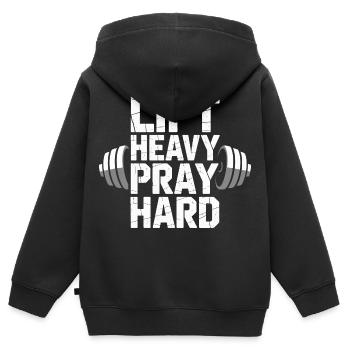 Lift Heavy Pray Hard Fitness Motif - Kids Premium Organic Zip-up Hoodie - black - Back - AI Model Kid Male (0cm)