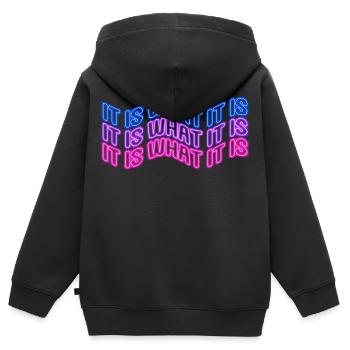Es ist, was es ist (Phrase) Neonschilder-Stil - Kinder Premium Organic Zip Hoodie - Schwarz - Hinten - AI Model Kid Male (0cm)