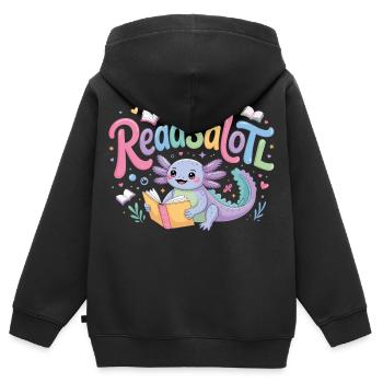 Choix cadeau de livres de t-shirts Axolotl Reader - Sweat Premium à capuche zippé enfant bio - noir - Dos - AI Model Kid Male (0cm)