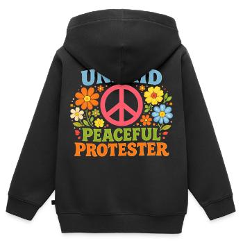 Manifestation pacifique non rémunérée Retro Flowers - Sweat Premium à capuche zippé enfant bio - noir - Dos - AI Model Kid Male (0cm)