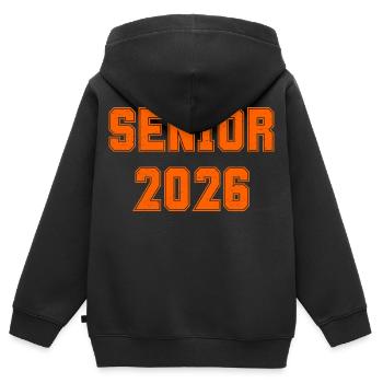 Cadeau de la classe senior 2026 Orange Varsity - Sweat Premium à capuche zippé enfant bio - noir - Dos - AI Model Kid Male (0cm)