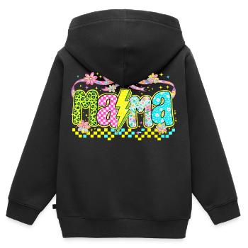 Mama Retro Flashy | Style Néon Fête des Mères - Sweat Premium à capuche zippé enfant bio - noir - Dos - AI Model Kid Male (0cm)