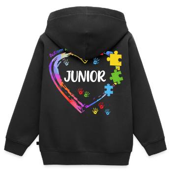 Junior Sensibilisation Autisme Coeur Enfant - Sweat Premium à capuche zippé enfant bio - noir - Dos - AI Model Kid Male (0cm)