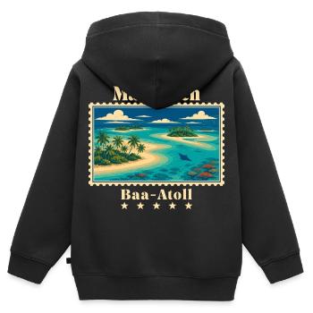 Marque de voyage vintage Maldives Baa Atoll - Sweat Premium à capuche zippé enfant bio - noir - Dos - AI Model Kid Male (0cm)