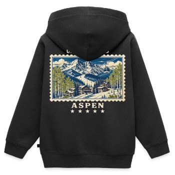 Marque de voyage vintage Aspen USA - Sweat Premium à capuche zippé enfant bio - noir - Dos - AI Model Kid Male (0cm)