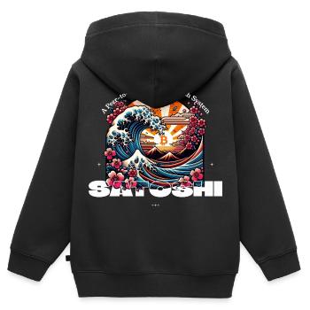 Vague d’ukiyoe Bitcoin avec des cerisiers en fleurs - Sweat Premium à capuche zippé enfant bio - noir - Dos - AI Model Kid Male (0cm)