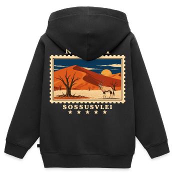 Marque de voyage vintage Namibia Sossusvlei - Sweat Premium à capuche zippé enfant bio - noir - Dos - AI Model Kid Male (0cm)