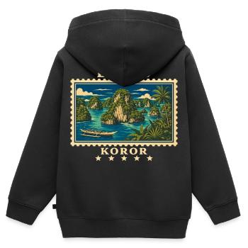 Marque de voyage vintage Palau Koror - Sweat Premium à capuche zippé enfant bio - noir - Dos - AI Model Kid Male (0cm)