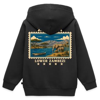 Marque de voyage vintage Zambie Lower Zambeze - Sweat Premium à capuche zippé enfant bio - noir - Dos - AI Model Kid Male (0cm)