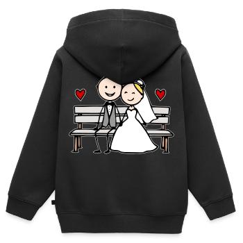 Caricature du couple de mariés sur le banc - Sweat Premium à capuche zippé enfant bio - noir - Dos - AI Model Kid Male (0cm)