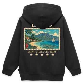 La Réunion Saint-Gilles Vintage Reisemarke - Kinder Premium Organic Zip Hoodie - Schwarz - Hinten - AI Model Kid Male (0cm)