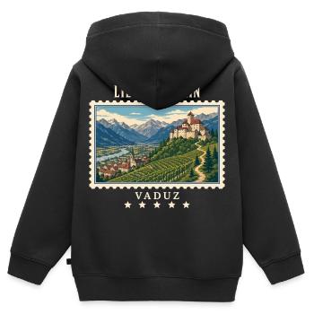 Liechtenstein Vaduz Vintage Reisemarke - Kinder Premium Organic Zip Hoodie - Schwarz - Hinten - AI Model Kid Male (0cm)
