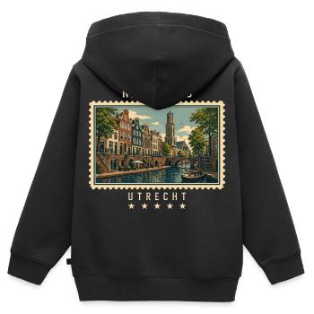 Niederlande Utrecht Vintage Reisemarke - Kinder Premium Organic Zip Hoodie - Schwarz - Hinten - AI Model Kid Male (0cm)