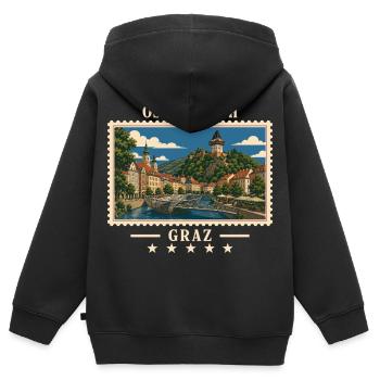 Österreich Graz Vintage Reisemarke - Kinder Premium Organic Zip Hoodie - Schwarz - Hinten - AI Model Kid Male (0cm)