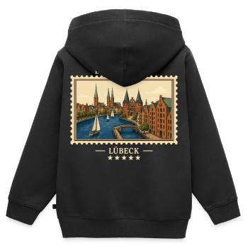 Deutschland Lübeck Vintage Reisemarke - Kinder Premium Organic Zip Hoodie - Schwarz - Hinten - AI Model Kid Male (0cm)