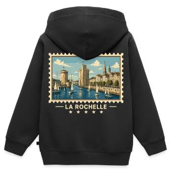 Frankreich La Rochelle Vintage Reisemarke - Kinder Premium Organic Zip Hoodie - Schwarz - Hinten - AI Model Kid Male (0cm)