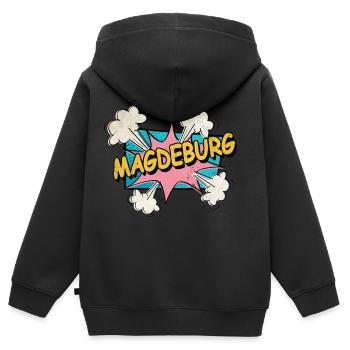 Magdebourg Allemagne Ville Police Pop Art Bande dessinée - Sweat Premium à capuche zippé enfant bio - noir - Dos - AI Model Kid Male (0cm)