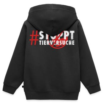 Tierschutz STOPPT TIERVERSUCHE LUSTIG - Kinder Premium Organic Zip Hoodie - Schwarz - Hinten - AI Model Kid Male (0cm)