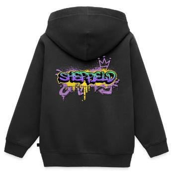 Sheffield Angleterre UK City Graffiti Spray Spray Sprayer - Sweat Premium à capuche zippé enfant bio - noir - Dos - AI Model Kid Male (0cm)