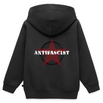 FASCISME ANTIFASCISTE RACISME SEXISME - Sweat Premium à capuche zippé enfant bio - noir - Dos - AI Model Kid Male (0cm)