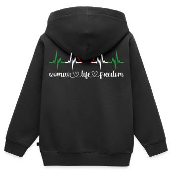 Femme Vie Liberté Battement de cœur Iran Droits des femmes - Sweat Premium à capuche zippé enfant bio - noir - Dos - AI Model Kid Male (0cm)