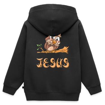 Hibou Jésus - Sweat Premium à capuche zippé enfant bio - noir - Dos - AI Model Kid Male (0cm)