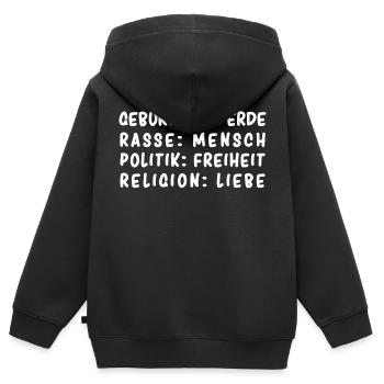 Geburtsort: Erde, Rasse: Mensch, Politik: Freiheit - Kinder Premium Organic Zip Hoodie - Schwarz - Hinten - AI Model Kid Male (0cm)