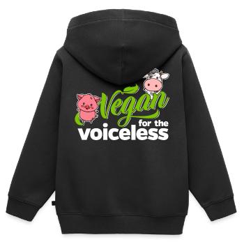 Vegan pour les sans voix (vache) - Sweat Premium à capuche zippé enfant bio - noir - Dos - AI Model Kid Male (0cm)
