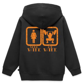 Ein MotivationsTStück für Sie "Ihre Frau meine - Kinder Premium Organic Zip Hoodie - Schwarz - Hinten - AI Model Kid Male (0cm)