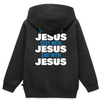 COMMENCEZ AVEC JÉSUS RESTEZ AVEC JÉSUS FIN AVEC JÉSUS - Sweat Premium à capuche zippé enfant bio - noir - Dos - AI Model Kid Male (0cm)