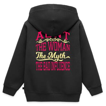 "Tante La Femme La Nythie La Mauvaise Influence" - Sweat Premium à capuche zippé enfant bio - noir - Dos - AI Model Kid Male (0cm)