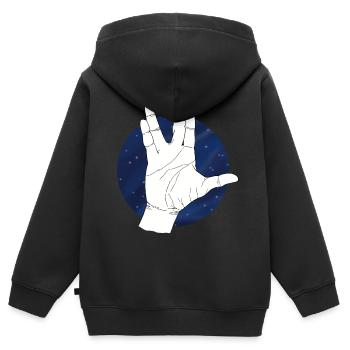 Main vulcaine saluant le ciel étoilé - Sweat Premium à capuche zippé enfant bio - noir - Dos - AI Model Kid Male (0cm)