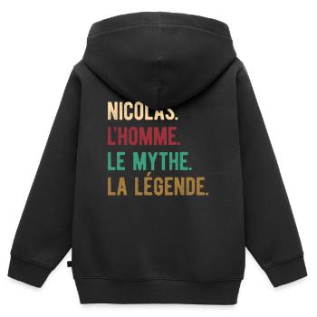 NICOLAS L'HOMME LE MYTHE LA LÉGENDE - Sweat Premium à capuche zippé enfant bio - noir - Dos - AI Model Kid Male (0cm)