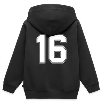 16 ans numéro maillot 16 - Sweat Premium à capuche zippé enfant bio - noir - Dos - AI Model Kid Male (0cm)