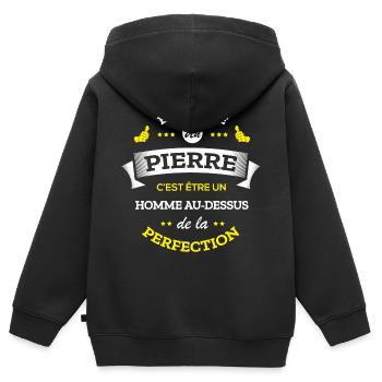 PIERRE PARFAIT - NOM PIERRE - Sweat Premium à capuche zippé enfant bio - noir - Dos - AI Model Kid Male (0cm)