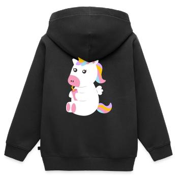 Licorne assise sucrée avec boisson - Sweat Premium à capuche zippé enfant bio - noir - Dos - AI Model Kid Male (0cm)