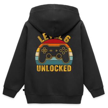 6ème anniversaire - 6 ans de jeu Niveau 6 débloqué - Sweat Premium à capuche zippé enfant bio - noir - Dos - AI Model Kid Male (0cm)
