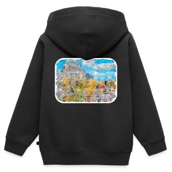 Québec Canada Aquarelle Dessin Dessin Illustration - Sweat Premium à capuche zippé enfant bio - noir - Dos - AI Model Kid Male (0cm)