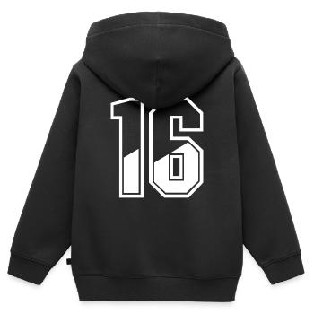 16 ans Maillot numéro 16 T-shirt numéro 16 - Sweat Premium à capuche zippé enfant bio - noir - Dos - AI Model Kid Male (0cm)