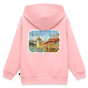 Lucerne Suisse Aquarelle Esquisse Dessinée Illust - Sweat Premium à capuche zippé enfant bio - rose - Dos - AI Model Kid Female (0cm)