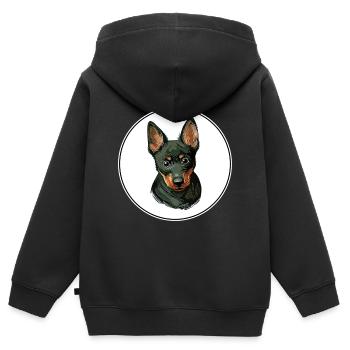 Illustration de l’aquarelle du chien Lancashire Heeler - Sweat Premium à capuche zippé enfant bio - noir - Dos - AI Model Kid Male (0cm)